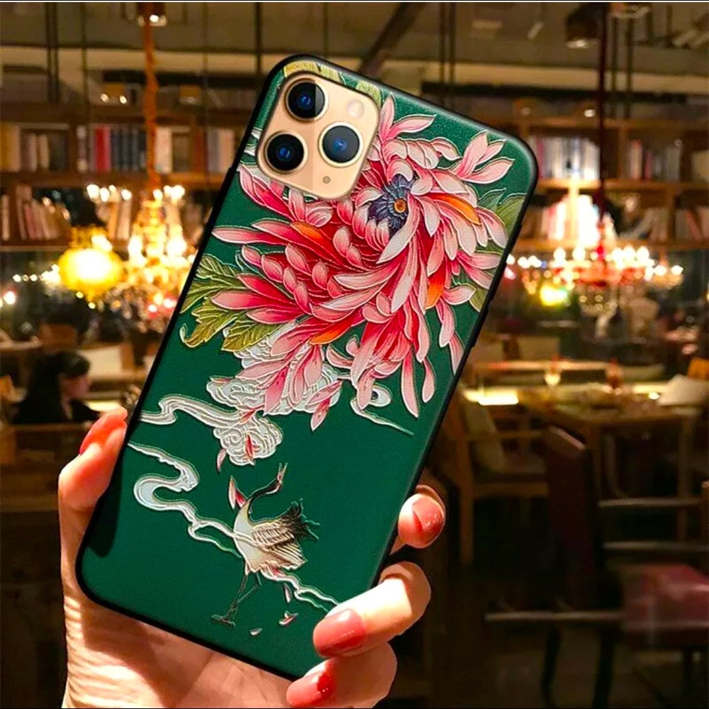 Embossed flower and crane iPhone 13 Pro case
